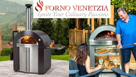 Forno Venetzia wood-fired pizza ovens - Pronto, Torino, & Bellagio models side by side.