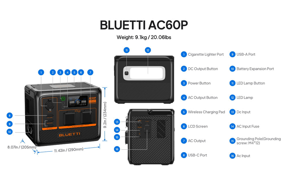 BLUETTI AC60P Portable Power Station – 600W Output, 504Wh Capacity P-AC60P-US-GY-BL-010