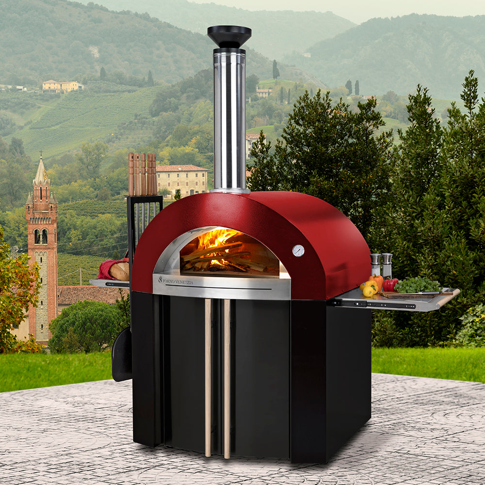 Forno Venetzia Bellagio 300 44-Inch Outdoor Wood-Fired Pizza Oven - Red - Lifestyle View - FlameOutdoors 