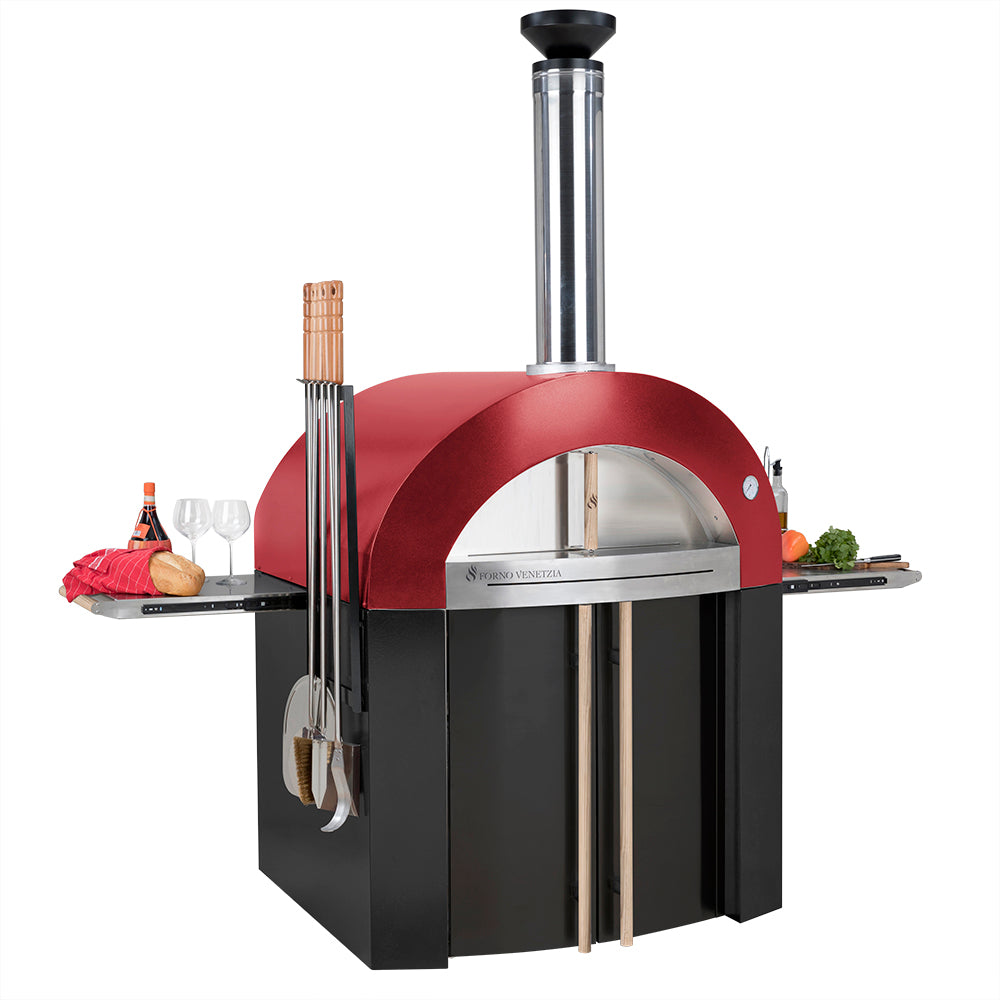 Forno Venetzia Bellagio 300 Wood Burning Pizza Oven - Red - Left Angled View - FlameOutdoors 