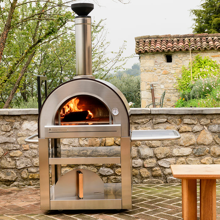 Forno Venetzia Pronto 500 33-Inch Freestanding Outdoor Wood-Fired Pizza Oven - Copper - FVP500C - In Use View with Rolling Flames